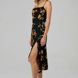 Astr Gaia Floral Midi Dress in Black and Gold Floral (XS)